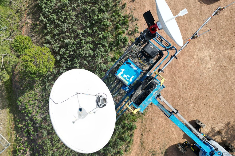 WorldLinX GTS ground tracking unit and antenna dishes on a lift platform, seen from above