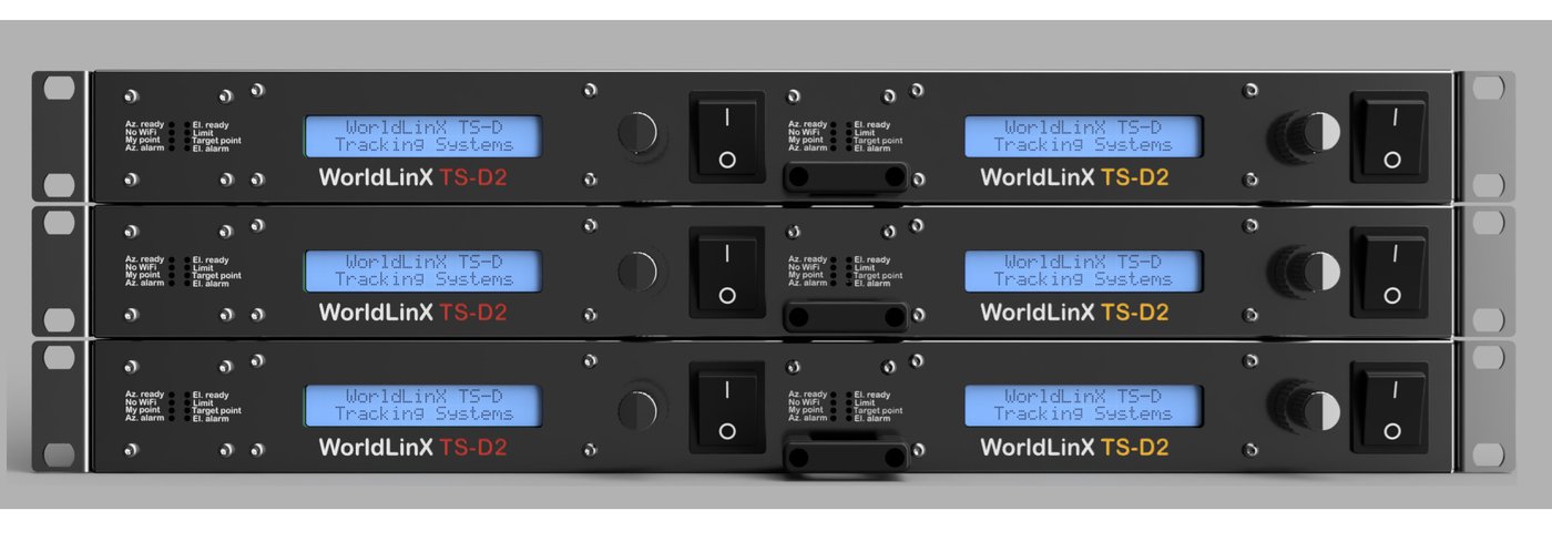 Three WorldLinX TS-D2 tracking system controllers, rack-mounted, front view